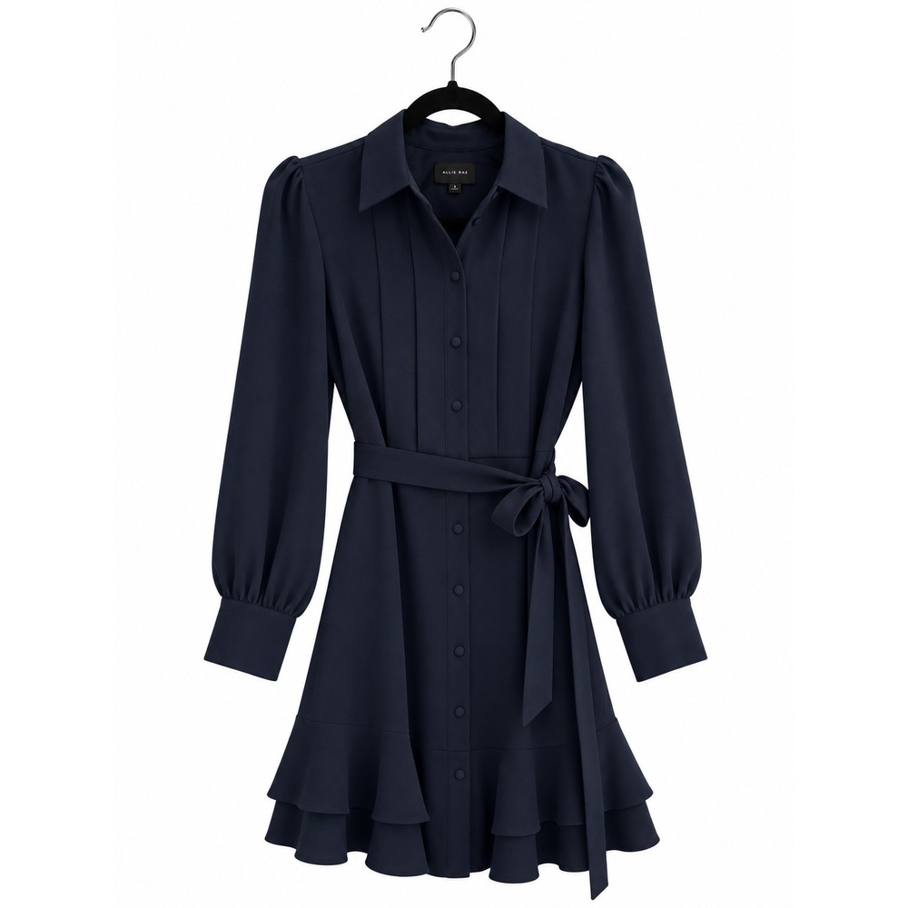 Allie Rae Navy Blue Pintuck Ruffle Hem Shirt Dress NWOT S Workwear Preppy